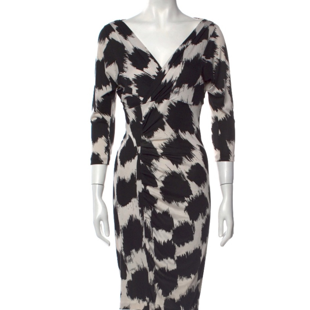 Diane Von Furstenberg Black and Cream Printed Wrap Dress
